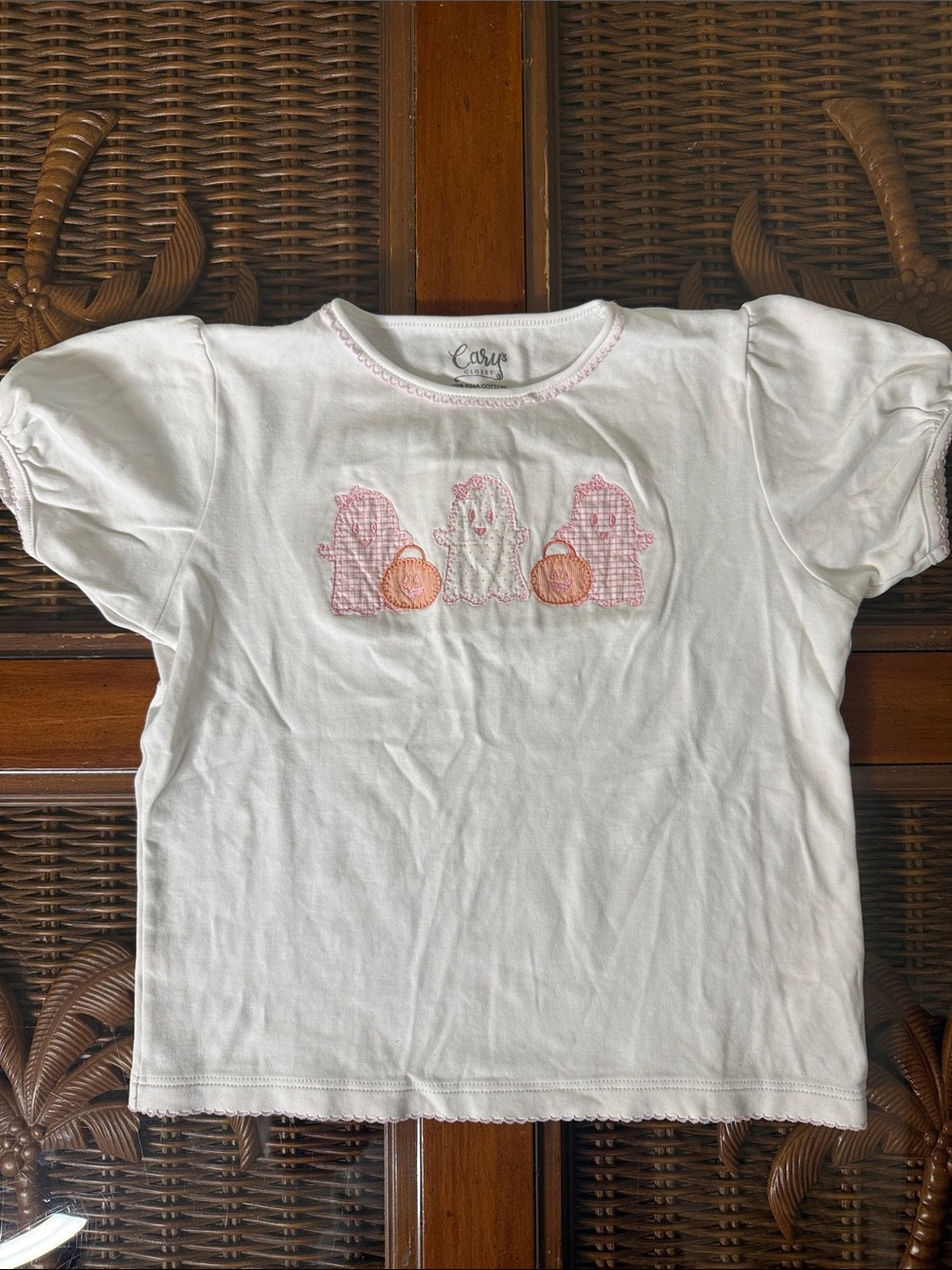 Cary’s Closet White Tee with Pink Ghosts and Orange Pumpkins